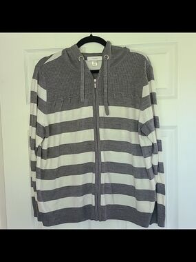 CJ Banks Women’s Plus 1X Gray/White Striped Knit Hooded Full Zip Cardigan